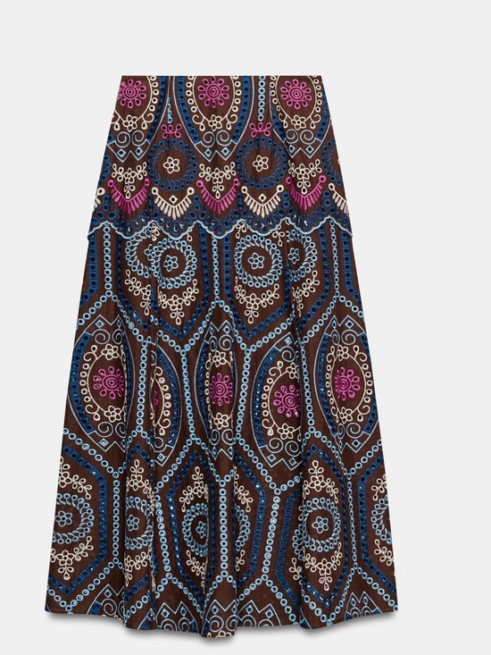 Zara Dresses & Skirts - Zara Embroidered Eyelet A-Line Madi  Skirt in Brown with Blue & Pink Accent